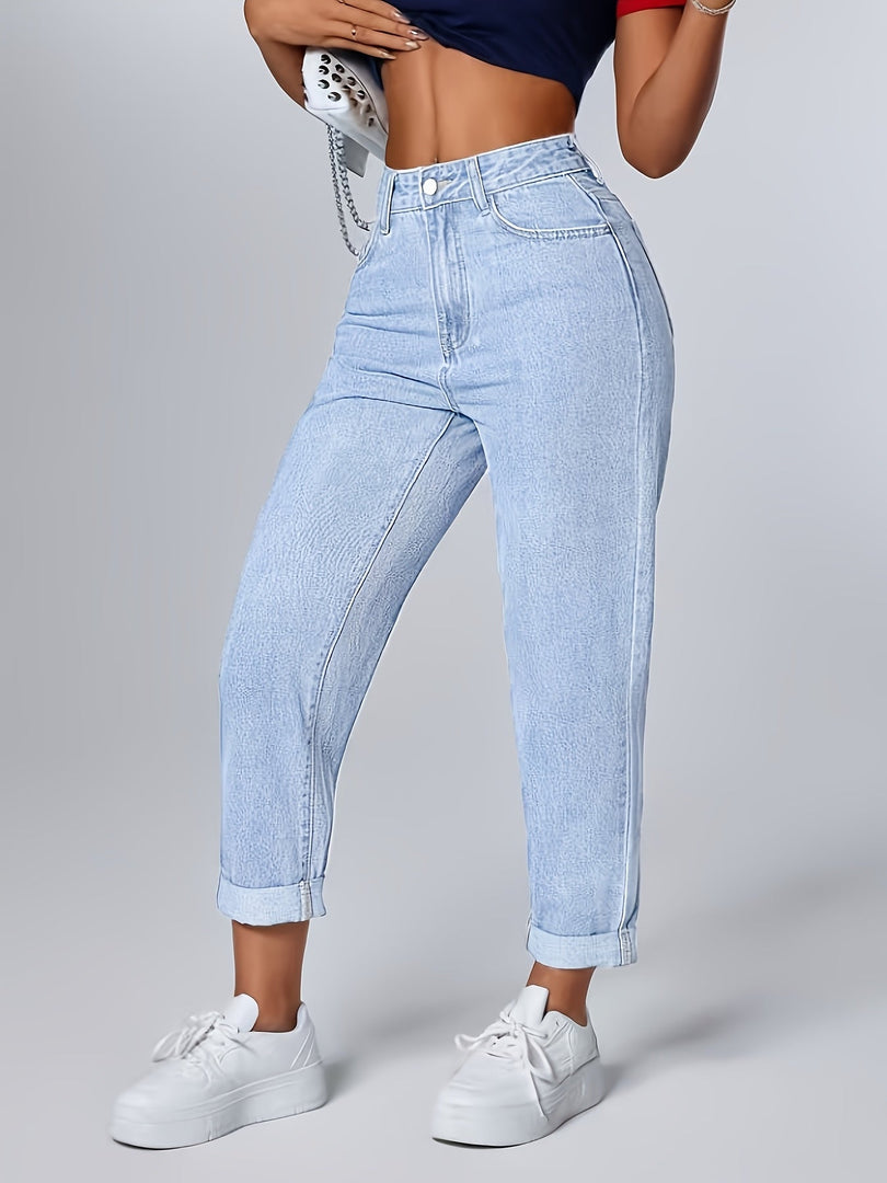Women's Light Blue Relaxed Mom Jeans High Waist Tapered Cuffed Hem