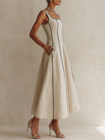 Load image into Gallery viewer, Women's Apricot Maxi Dress Square Neck Sleeveless Contrast Piping a Line Style
