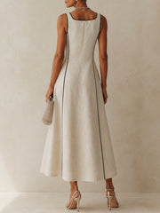Women's Apricot Maxi Dress Square Neck Sleeveless Contrast Piping a Line Style