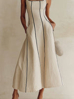 Load image into Gallery viewer, Women's Apricot Maxi Dress Square Neck Sleeveless Contrast Piping a Line Style
