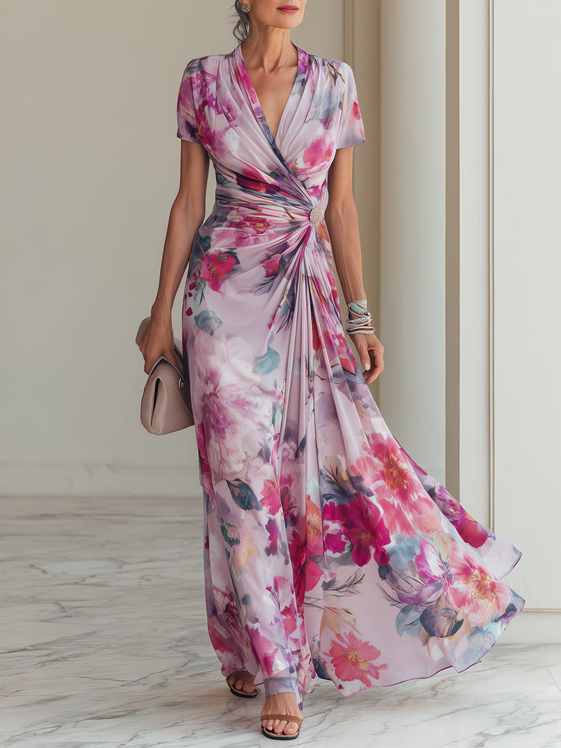 Women's Floral Wrap Maxi Dress V Neck Short Sleeve Ruched Waist Formal Wedding Guest Style