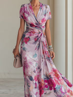 Load image into Gallery viewer, Women's Floral Wrap Maxi Dress V Neck Short Sleeve Ruched Waist Formal Wedding Guest Style
