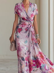 Women's Floral Wrap Maxi Dress V Neck Short Sleeve Ruched Waist Formal Wedding Guest Style
