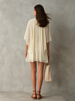 Load image into Gallery viewer, Women's Beige Mini Dress Cape Sleeves Gathered Neckline
