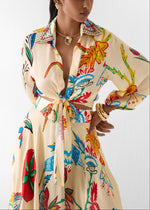 Load image into Gallery viewer, Women's Beige Floral Print Two Piece Set Tie Front Shirt and Maxi Skirt
