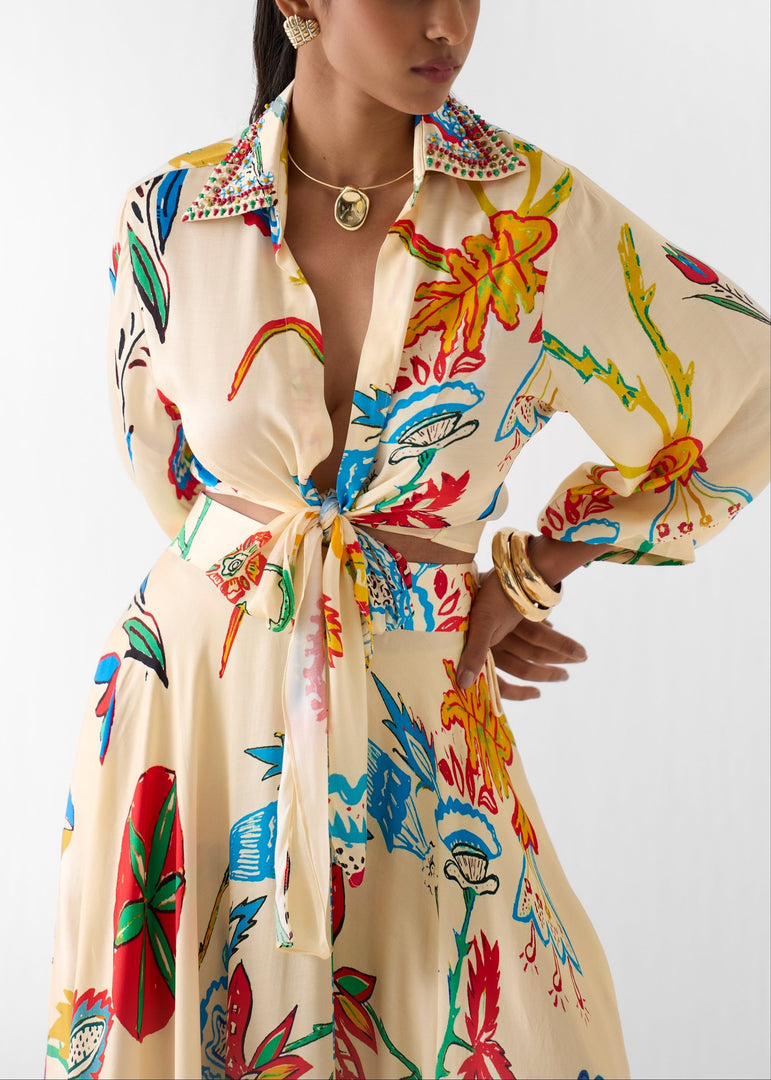 Women's Beige Floral Print Two Piece Set Tie Front Shirt and Maxi Skirt