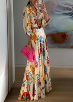 Load image into Gallery viewer, Women's Beige Floral Print Two Piece Set Tie Front Shirt and Maxi Skirt

