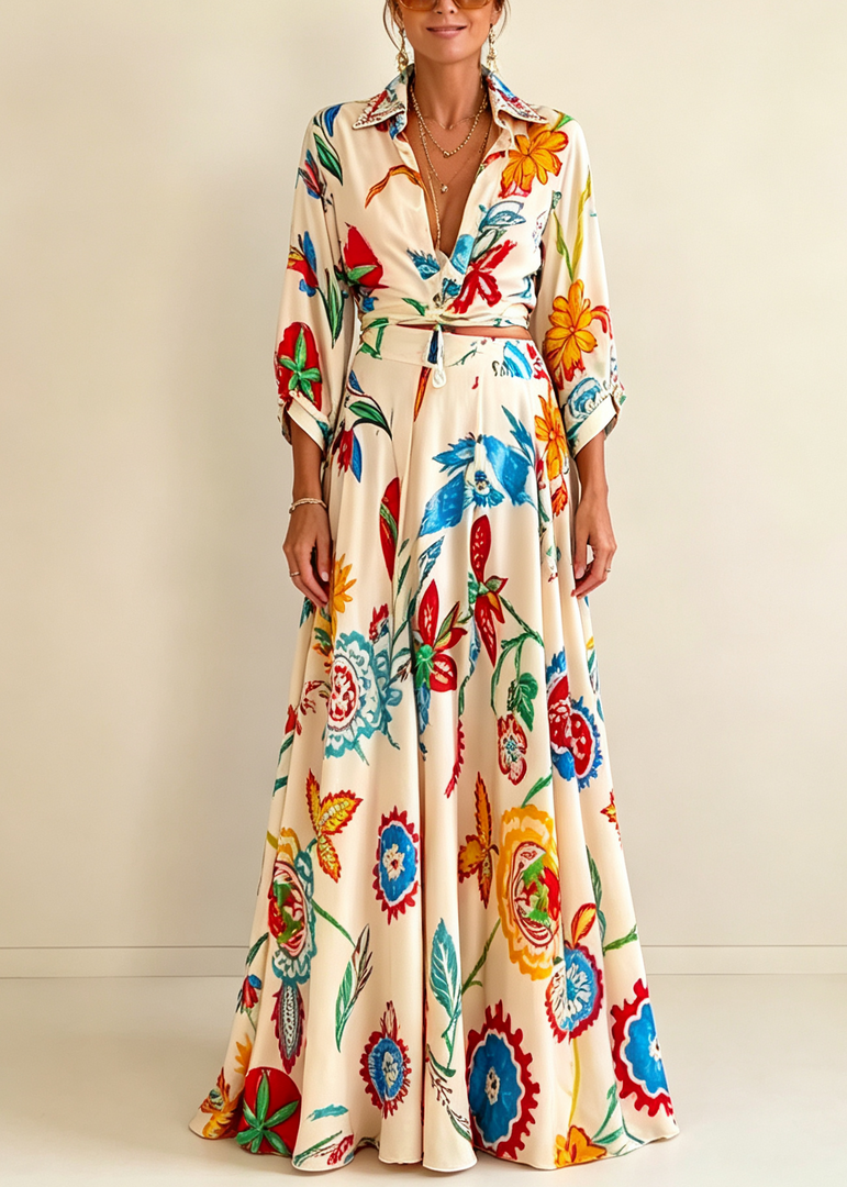 Women's Beige Floral Print Two Piece Set Tie Front Shirt and Maxi Skirt