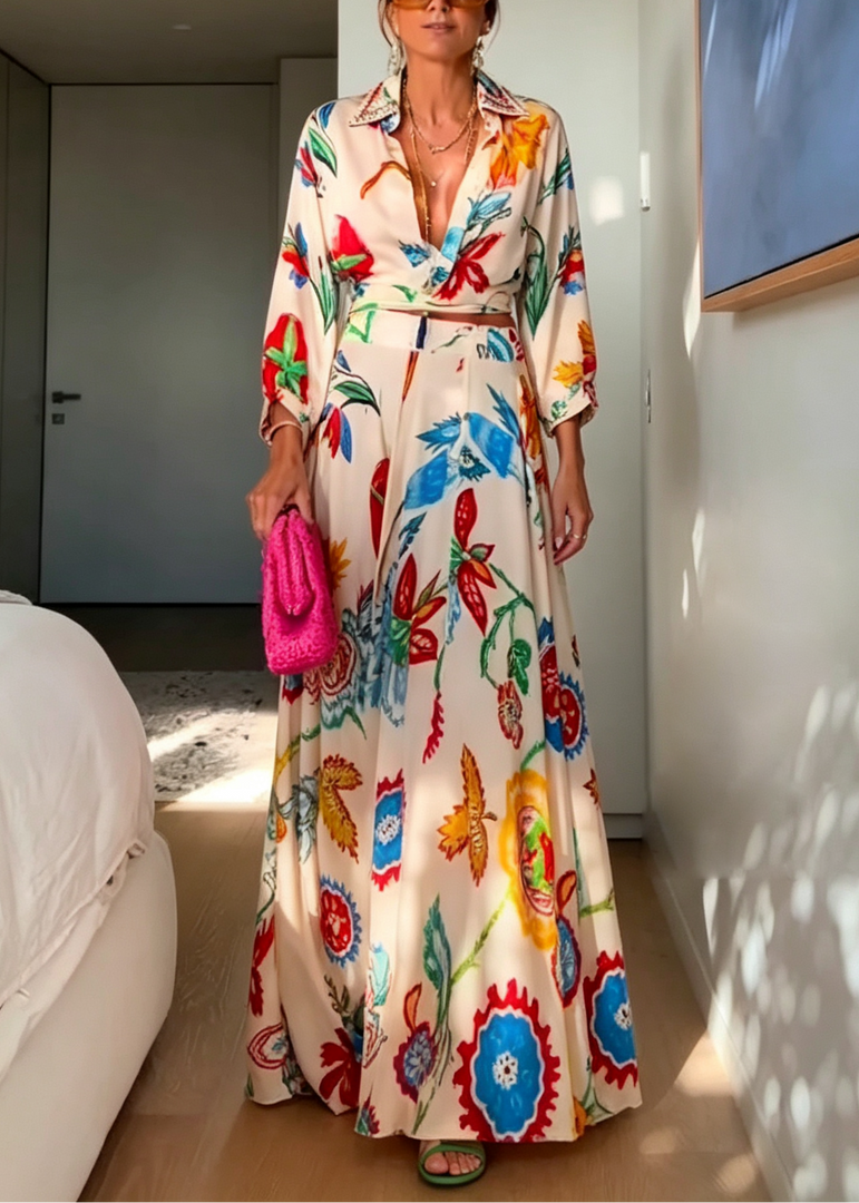 Women's Beige Floral Print Two Piece Set Tie Front Shirt and Maxi Skirt
