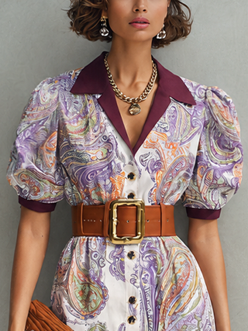 Women's Purple Swirl Print Shirt Dress Collared Puff Sleeve Button Front