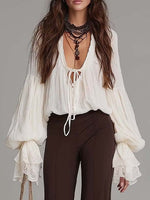 Load image into Gallery viewer, Women's Two Piece Set Lace Up Blouse Wide Leg Flare Pants Boho Style
