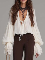 Women's Two Piece Set Lace Up Blouse Wide Leg Flare Pants Boho Style