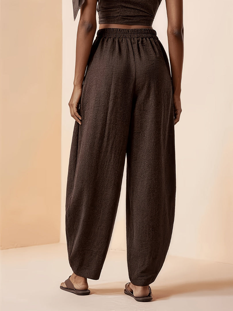 Women's Coffee Brown Linen Harem Pants High Waist Pleated Tapered Ankle