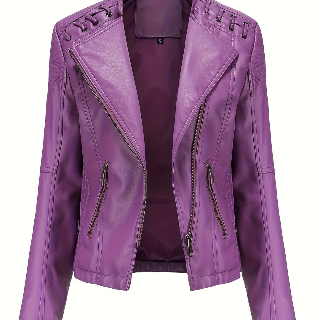 Women's Leather Moto Jacket Notch Lapel Zip Front Studded Shoulder