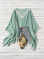 Load image into Gallery viewer, Women's Poncho Shirt V Neck Embroidered Trim Draped Batwing Style
