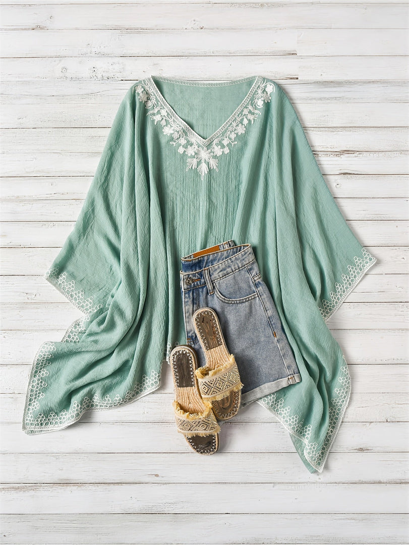 Women's Poncho Shirt V Neck Embroidered Trim Draped Batwing Style