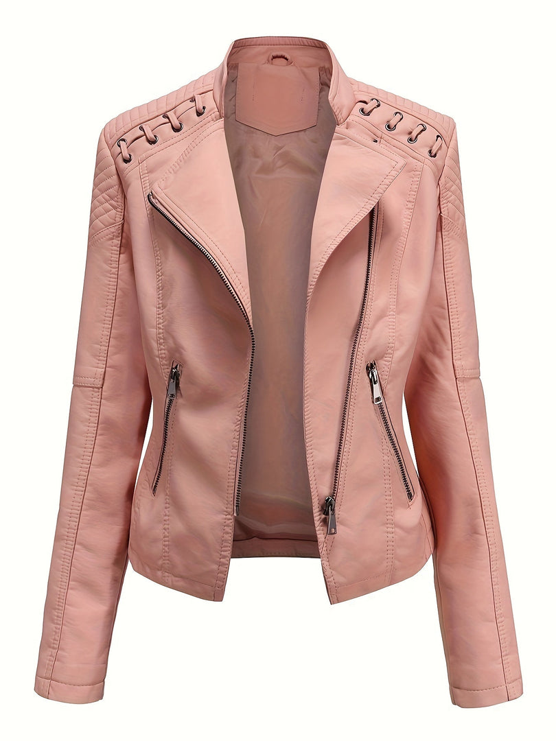 Women's Leather Moto Jacket Notch Lapel Zip Front Studded Shoulder