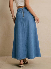 Women's Blue Denim Maxi Skirt Tie Waist a Line Flowing Style