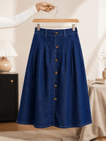 Load image into Gallery viewer, Women's Medium Blue Denim Midi Skirt Button Front a Line Pleated Style
