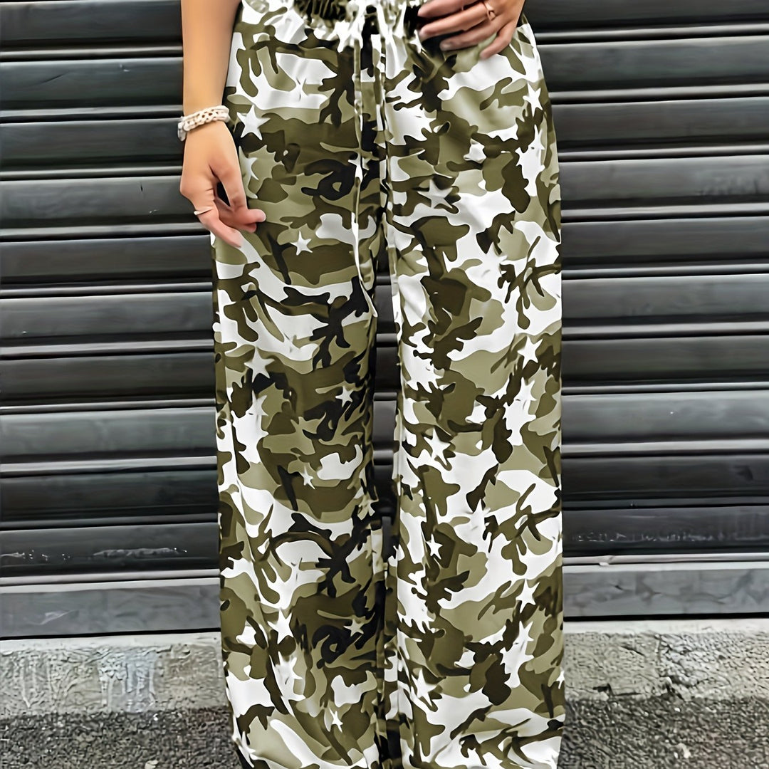 Women's Camo Cargo Pants Wide Leg Drawstring Waist Baggy Fit