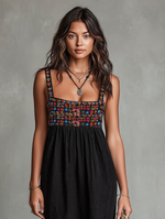 Load image into Gallery viewer, Women's Black Dress Floral Embroidered Bodice Square Neck Sleeveless Casual Midi Style

