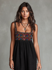 Women's Black Dress Floral Embroidered Bodice Square Neck Sleeveless Casual Midi Style
