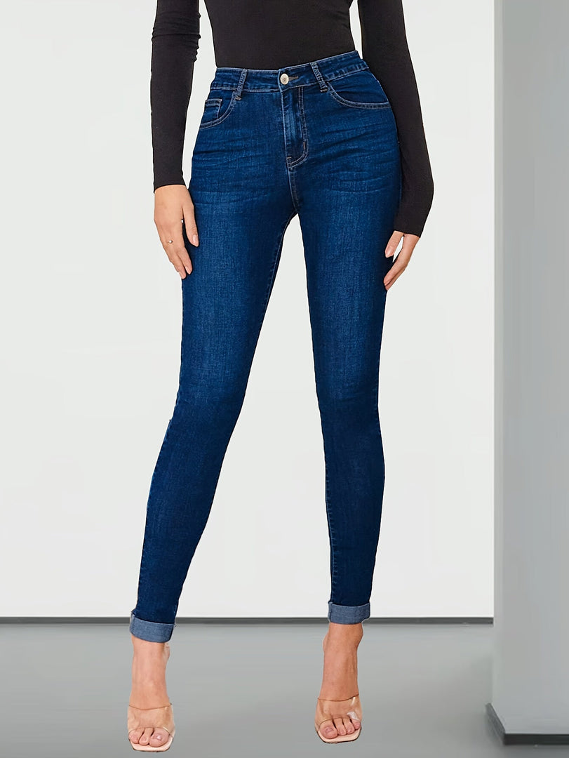 Women's Medium Blue Relaxed Skinny Jeans High Waist Cuffed Ankle Stretch Denim