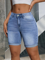 Load image into Gallery viewer, Women's Blue Denim Shorts High Waist Stretch Bermuda Button Detail Slim Fit Style
