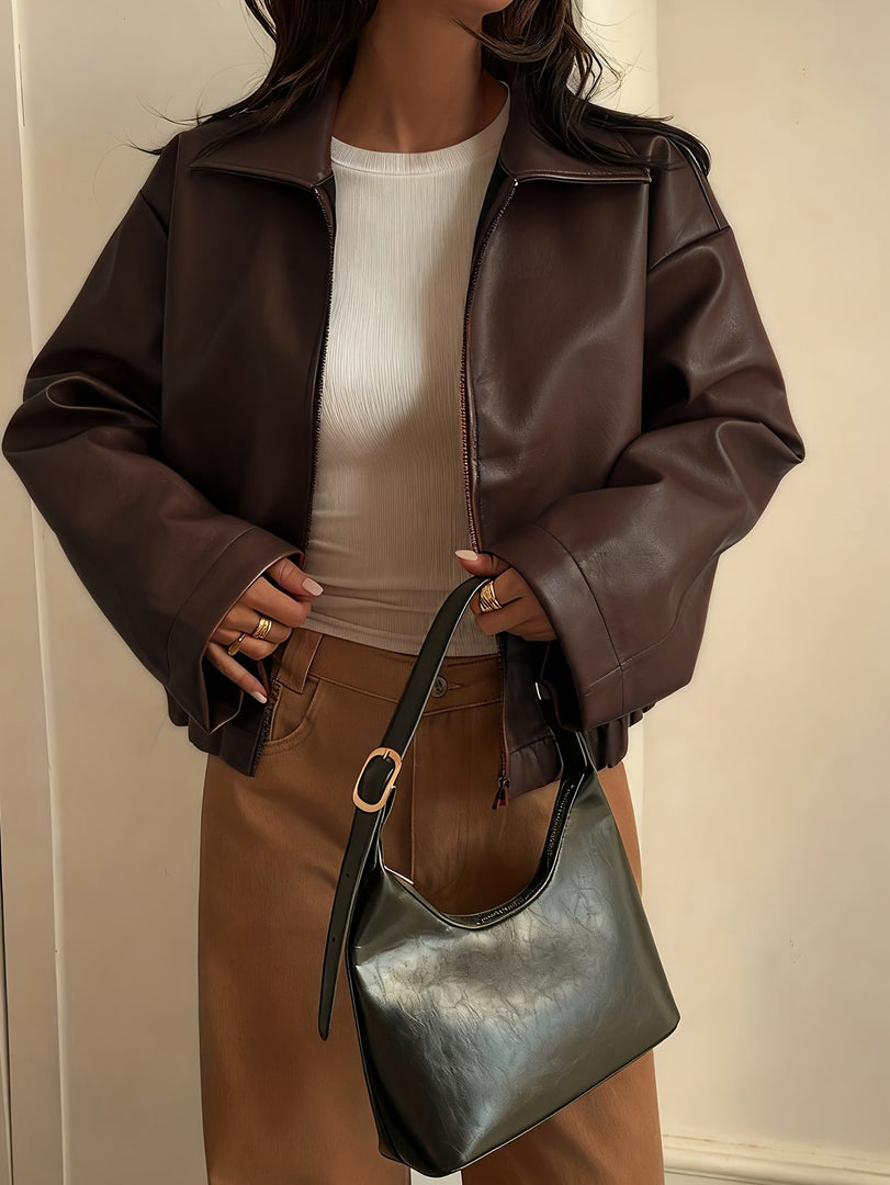 Women's Brown Leather Jacket Collar Zip Front Cropped Style