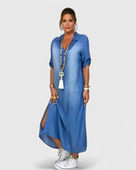 Load image into Gallery viewer, Women's Blue Denim Maxi Dress Collar Elbow Sleeve Side Slit Casual Style
