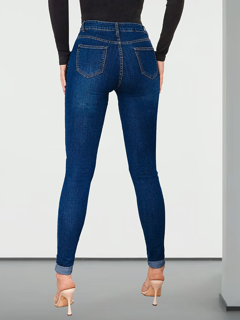 Women's Medium Blue Relaxed Skinny Jeans High Waist Cuffed Ankle Stretch Denim