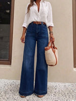 Load image into Gallery viewer, Women's Relaxed Dark Blue Wide Leg Jeans High Waist Belted Style
