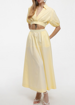 Load image into Gallery viewer, Women's Yellow Two Piece Set Collared Puff Sleeve Crop Top Flowy Midi Skirt Style
