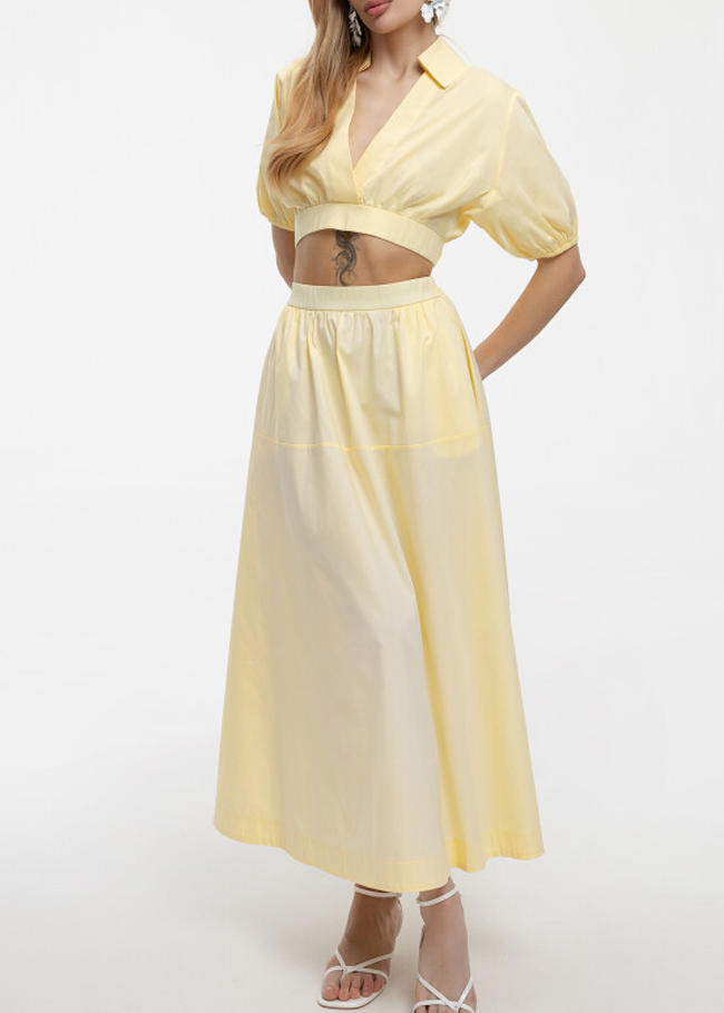 Women's Yellow Two Piece Set Collared Puff Sleeve Crop Top Flowy Midi Skirt Style