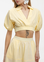 Load image into Gallery viewer, Women's Yellow Two Piece Set Collared Puff Sleeve Crop Top Flowy Midi Skirt Style

