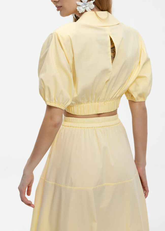 Women's Yellow Two Piece Set Collared Puff Sleeve Crop Top Flowy Midi Skirt Style