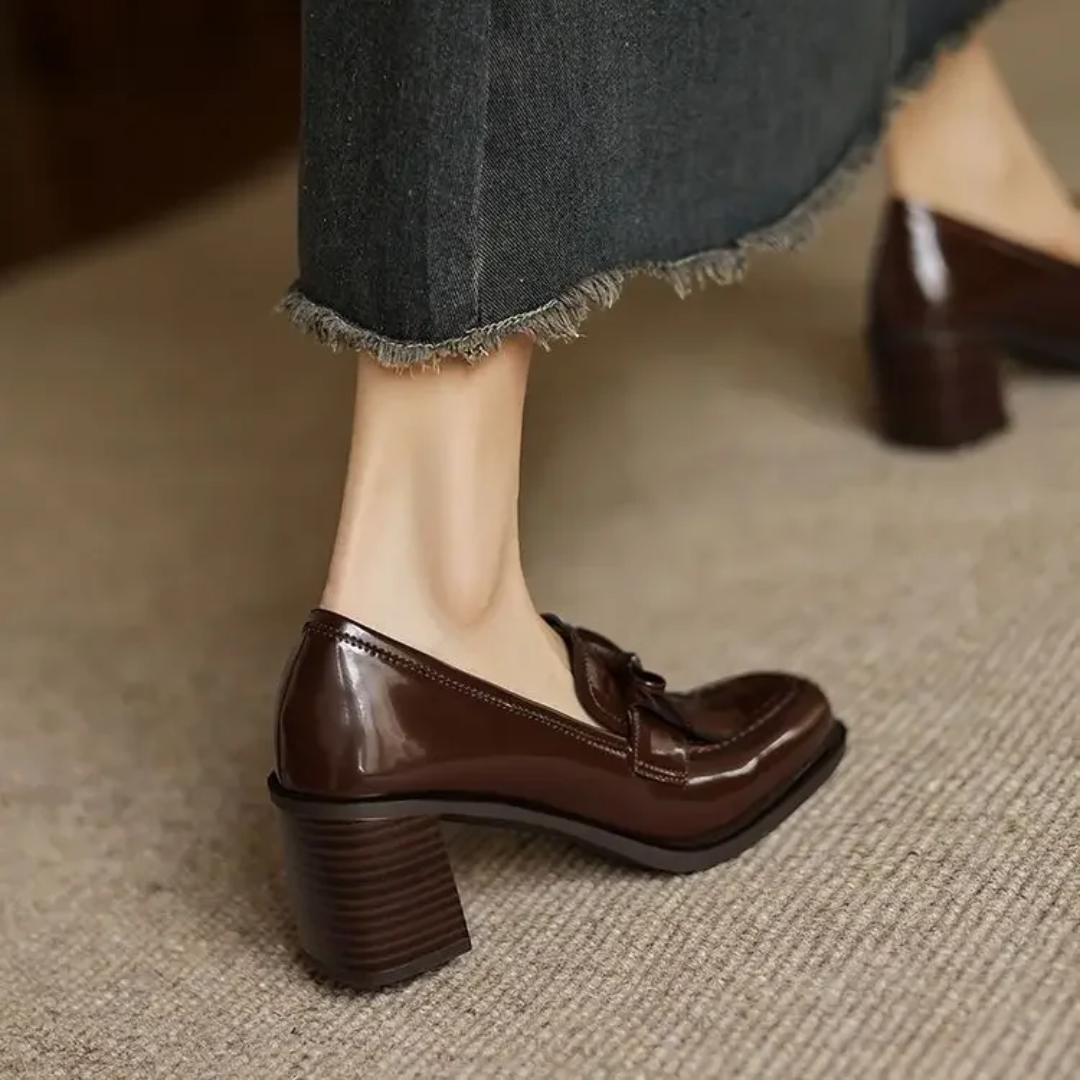 Women's Tassel Loafer Pumps Block Heel Round Toe Heels