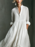 Load image into Gallery viewer, Women's White Maxi Dress Stand Collar Button Placket Long Sleeve Tiered Linen Casual Style
