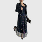 Load image into Gallery viewer, Elegant Black Midi Skirt for Women with High Waist Colorful Sequin Tulle Overlay Asymmetric Hem Going Out Style
