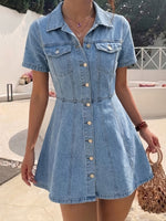 Load image into Gallery viewer, Women's Deep Blue Denim Jacket Button-Front A-Line Fitted Flared Hem
