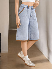 Women's Light Blue Denim Culotte Jean Shorts High Waist Wide Leg Raw Hem