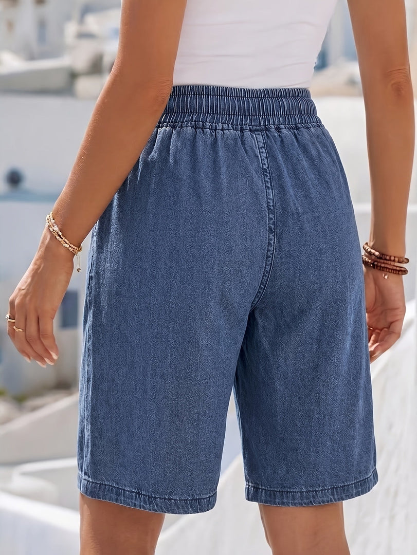 Women's Blue Jean Shorts High Waist Drawstring Pocket Bermuda Style