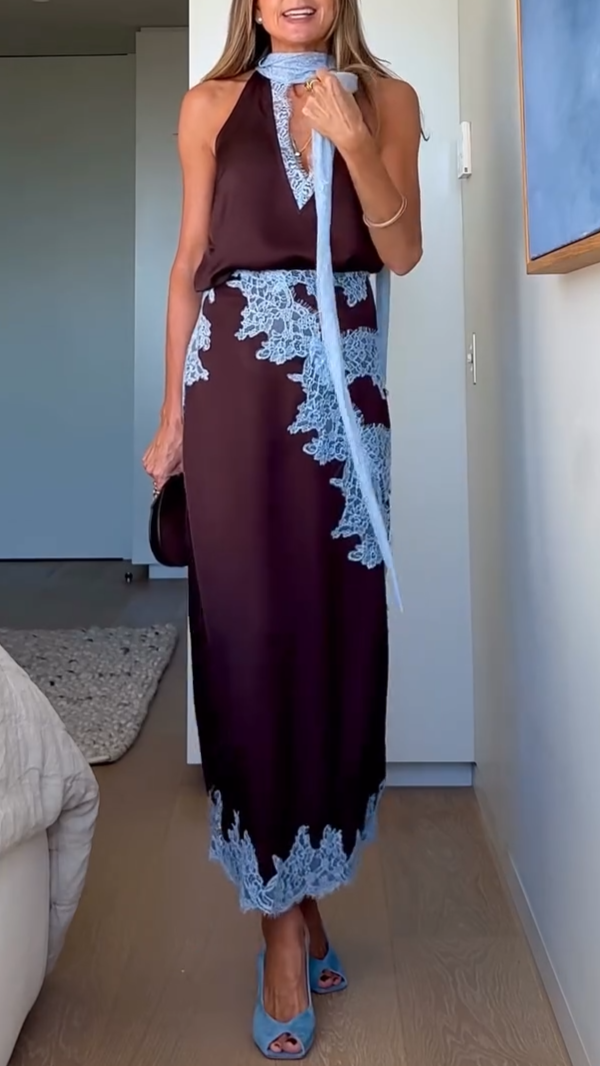 Women's Lace Panel Halter Top and Skirt Set Satin Maxi Skirt