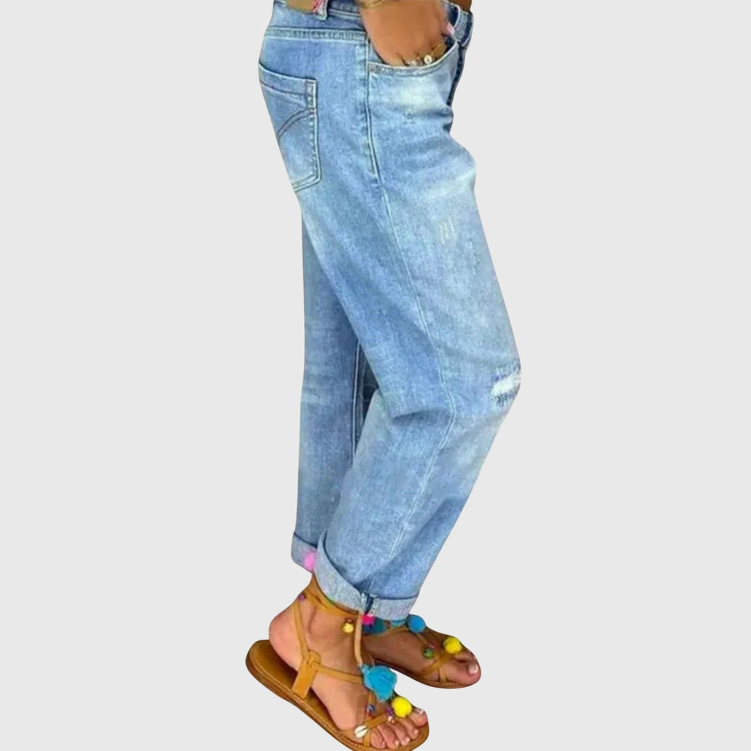 Women's Blue Jeans High Waist Button Fly Distressed Relaxed Boyfriend Mom Jean Style