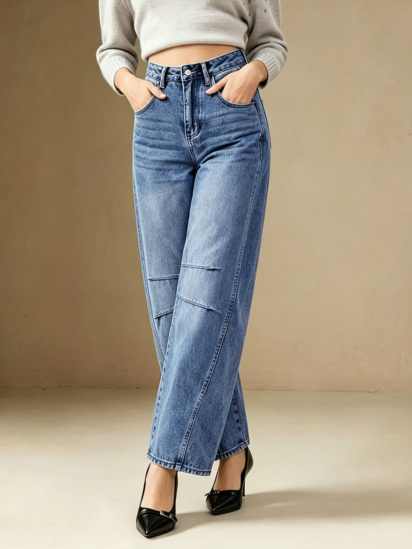 Women's Relaxed Blue Barrel Jeans High Waist Seam Detail