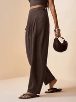 Load image into Gallery viewer, Women's Coffee Brown Linen Harem Pants High Waist Pleated Tapered Ankle
