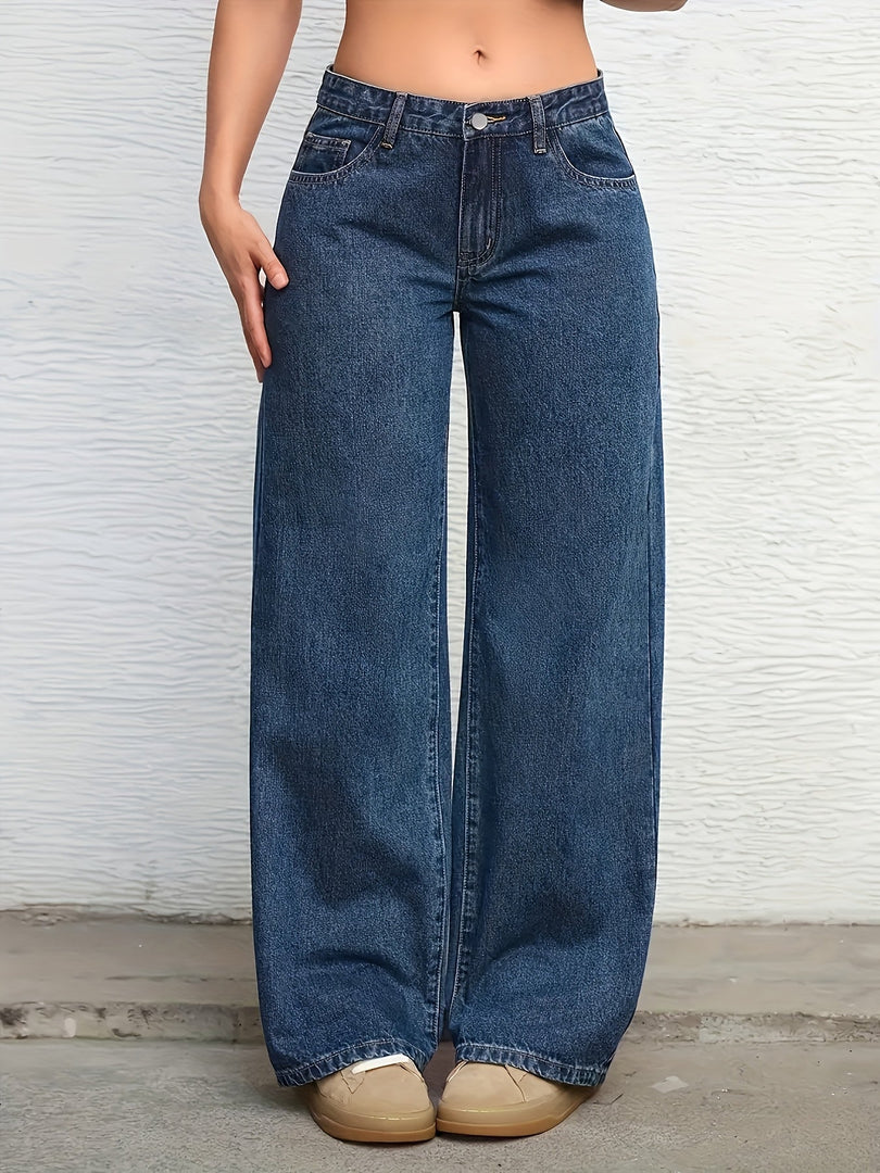 Women's Relaxed Blue Wide Leg Jeans Low Rise Flowing Style