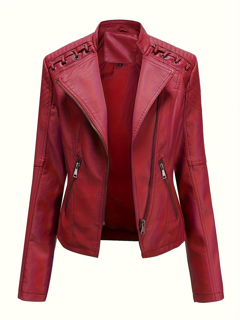 Women's Leather Moto Jacket Notch Lapel Zip Front Studded Shoulder