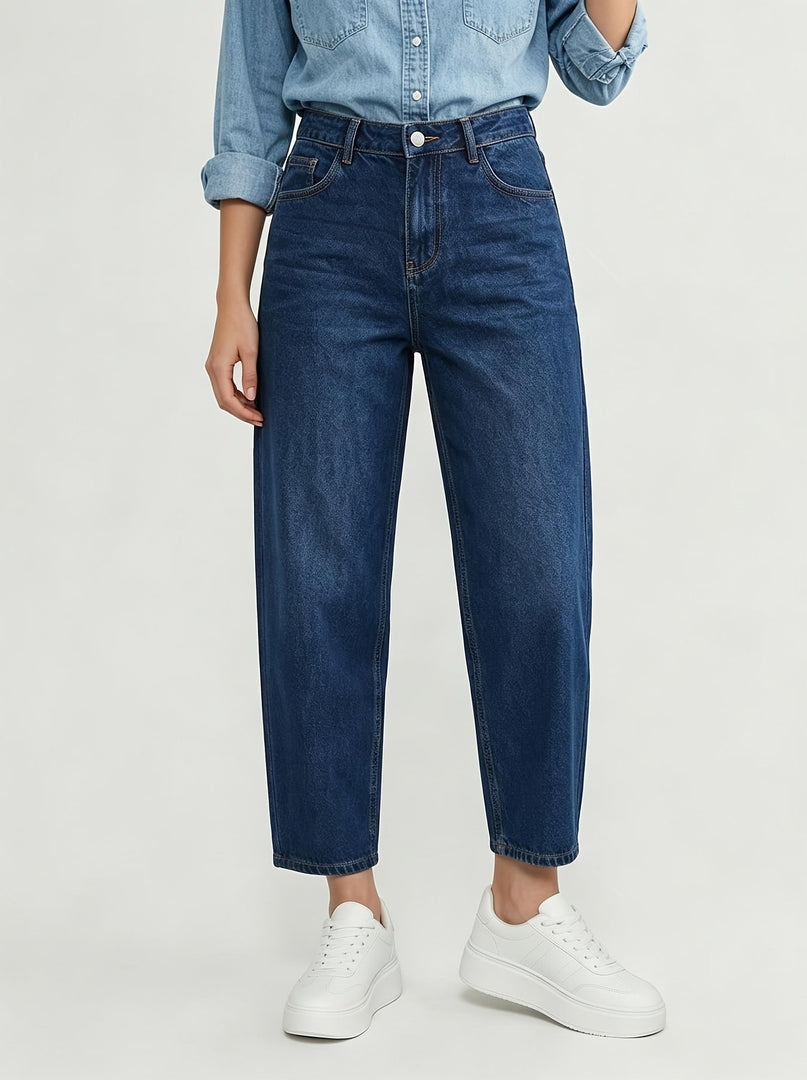 Women's Deep Blue Relaxed Mom Jeans High Waist Barrel Leg Tapered Ankle