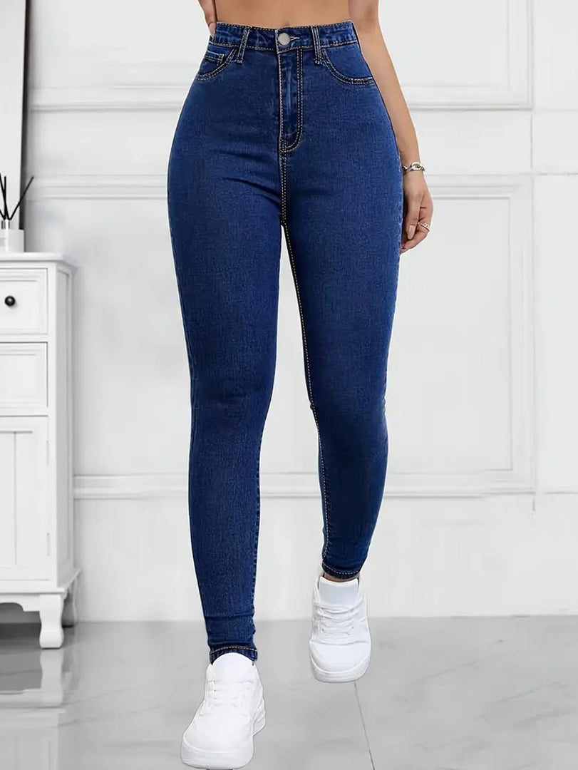 Women's Dark Blue Relaxed Skinny Jeans High Waist Slim Fit Stretch Denim